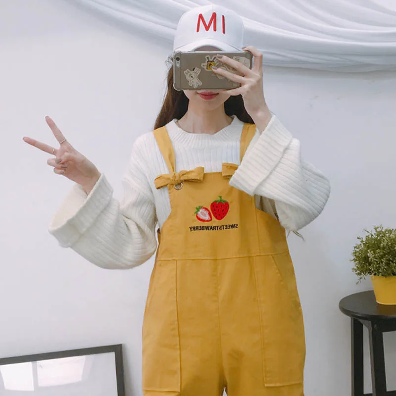 Harajuku Милый комбинезон для женщин шикарный BF Стиль Kawaii джинсы с вышивкой клубники хлопковые джинсы для женщин#2804