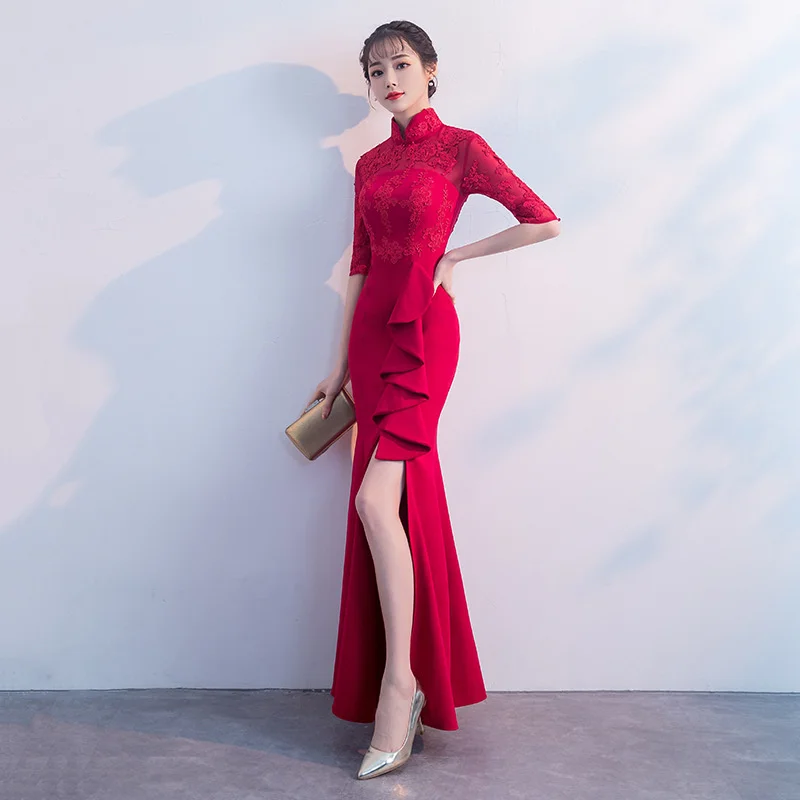 Это YiiYa красное вино оборками ужин платья Vestidos очаровательные Сплит Русалка Вечерние платья H202