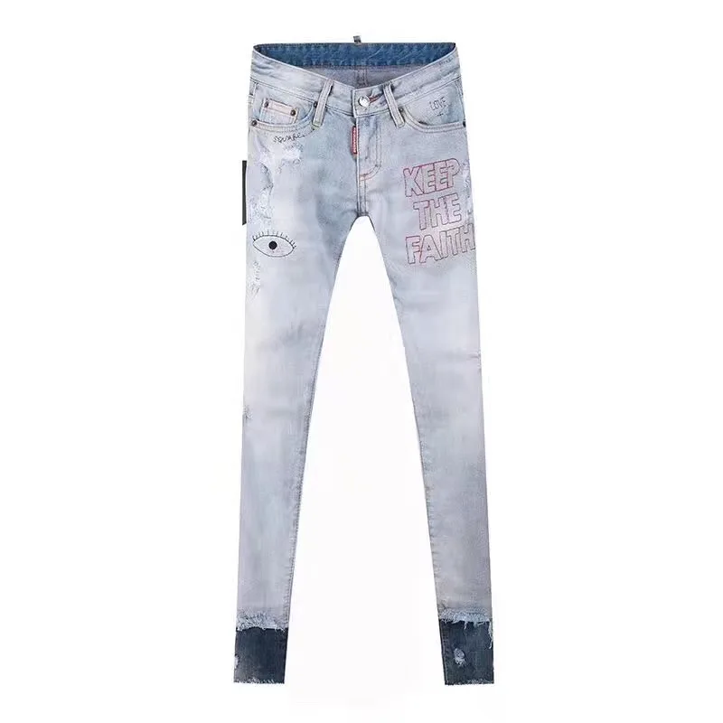 Новинка 2017 дырявые джинсы для женщин брюки глаза джинсовые карандаш с буквенным
