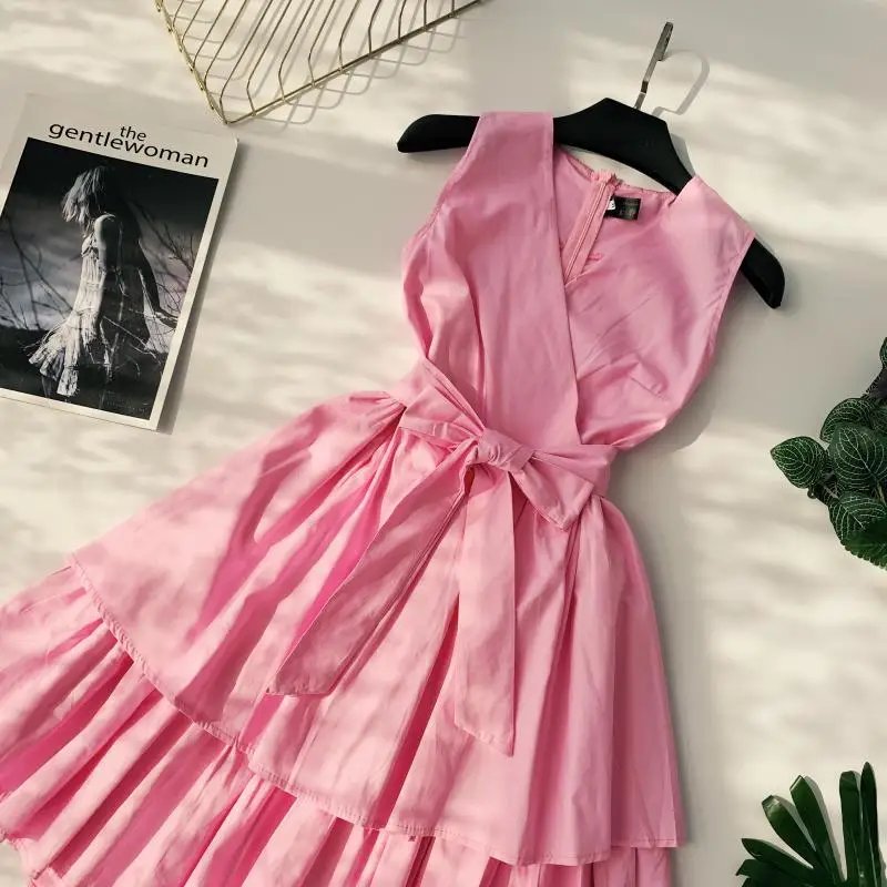ALPHALMODA, летнее женское платье принцессы без рукавов с двойным слоем, с высокой талией, с поясом, для девушек, бальное платье, милое, с оборками, Vestidos