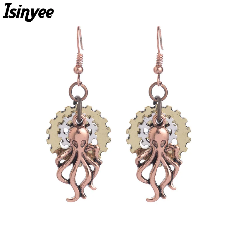 ISINYEE модные стимпанк Gears Octopus Taasel серьги с животными для женщин винтажные золотые