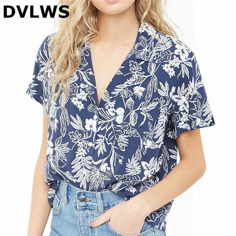 

2019 Free Shipping Summer Printed Chiffon Women Tops Short Slvees V-Neck Causal Women Blouses 2 Colors Yellow and Blue