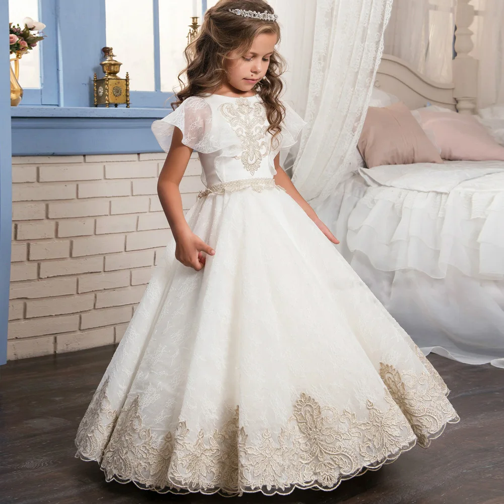

New Floor Length Flower Girls Dresses Tulle White Ivory Lace Appliques Long Girl Dress Party Gown Dress Princess Custom Size