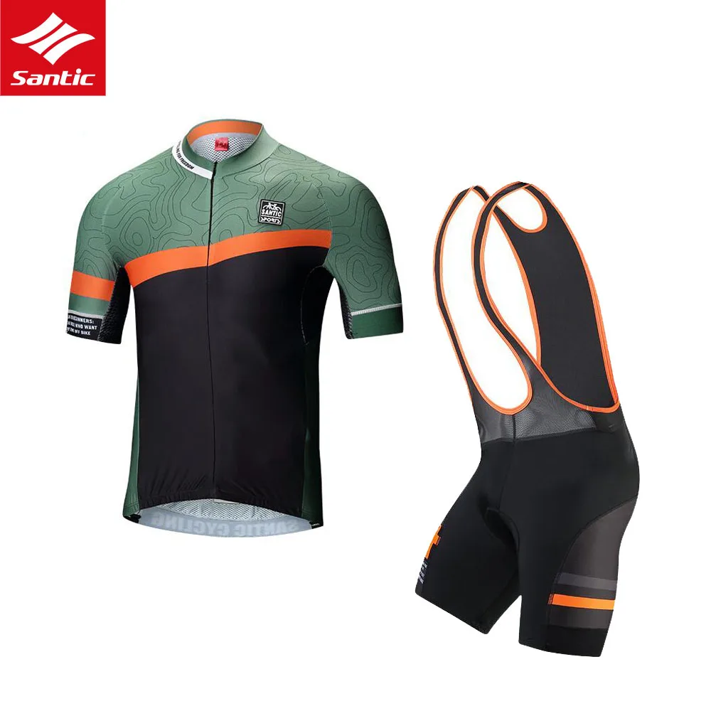 Army green Cycling Clothing Wear Bike MTB Jerseys Cycling Sets Santic Men's Bicycle Jersey Set summer bicycling Maillot wear cycling kit - Color: Army green