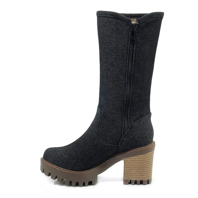 

Smeeroon 2020 newest denim mid calf boots women round toe autumn winter boots fashion platform shoes woman high heels boots