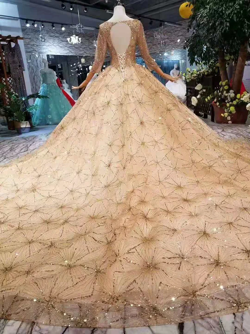 LS11081 Золотое свадебное платье роскошный квадратный ворот длинный рукав