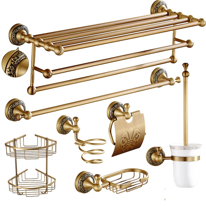 

European Brushed Bathroom Hardware sets Carved Bathroom Products Antique Solid Brass Bronze Bathroom Accessories Set RT87