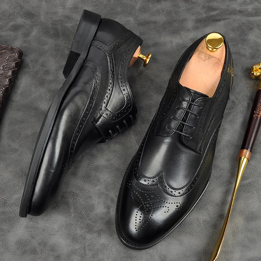 

Vintage Genuine Leather Formal Dress Modern Wingtip Brogues Shoes Round Toe Men's Carved Medallion Wedding Party Oxfords AM258
