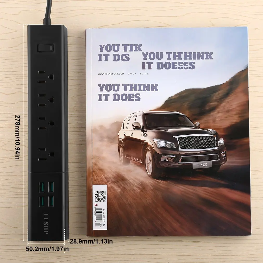 Сетевой фильтр LESHP с 4 розетками прямоугольная плоская вилка USB портами для