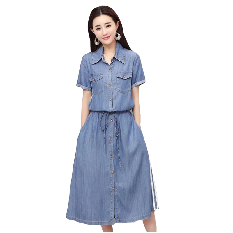 Женское джинсовое платье на шнуровке повседневное винтажное однобортное из