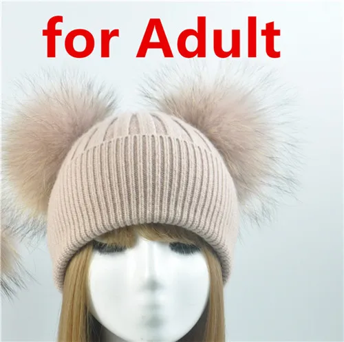 Pink for adult Кашемировая зимняя шапка для детей и женщин, шерстяные шапки для родителей и маленьких мальчиков, теплая вязаная шапка с помпоном, двойная настоящая меховая шапка с вязаным помпоном - Цвет: Pink for adult