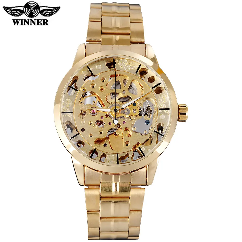 WINNER famous brand men watches luxury mechanical skeleton watches skeleton stainless steel band gold dials relogio masculino