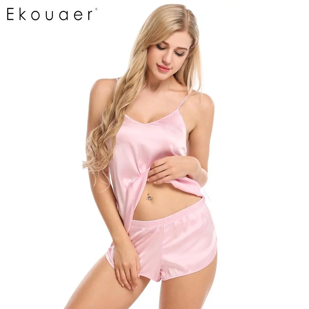 Pink Ekouaer Атласный пижамный комплект для женщин, сексуальная одежда для сна, Одноцветный регулируемый Топ на бретельках и шорты, пижамные комплекты, летние пижамы - Цвет: Pink
