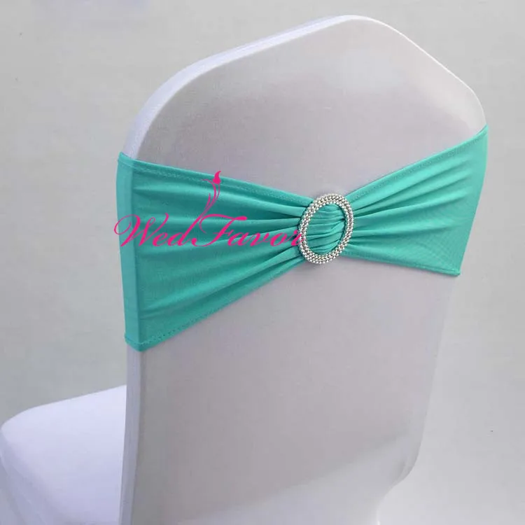 Tiffany Blue WedFavor 100 шт Коралловая лайкра стрейч на стул галстуки-бабочки эластичная Подвязка из спандекса для стула ленты с пластиковой круглой пряжкой для свадьбы - Цвет: Tiffany Blue