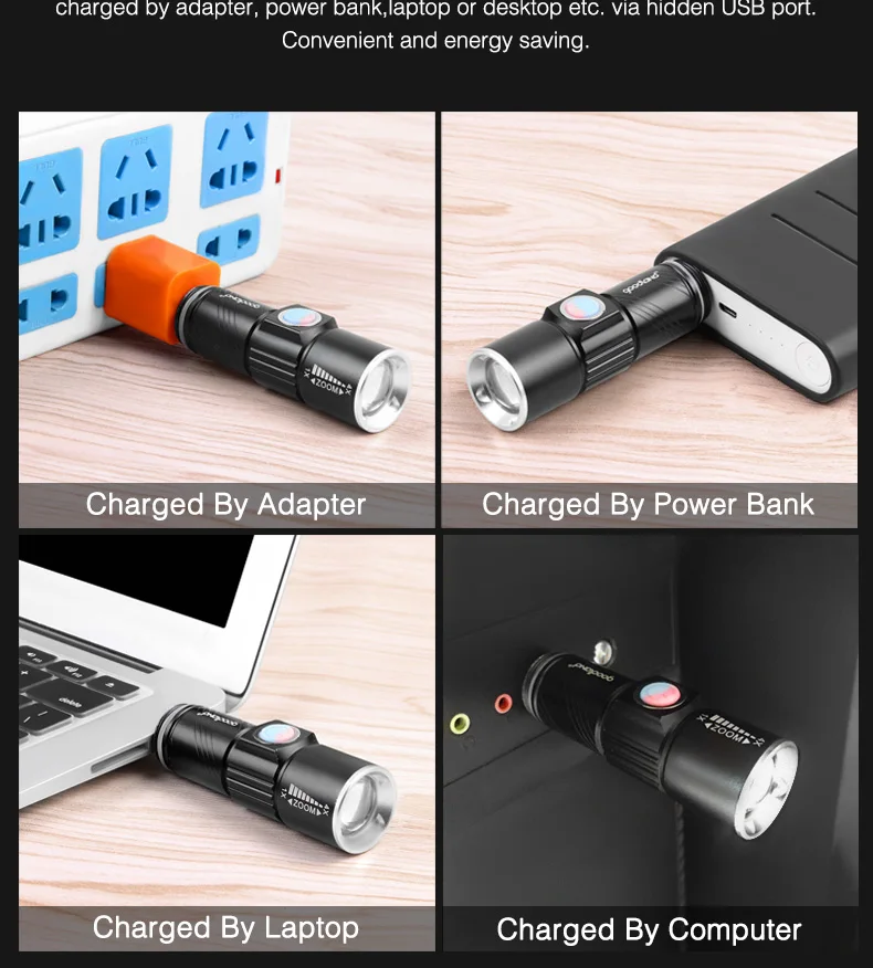 USB светодиодный фонарик перезаряжаемый светодиодный фонарь Водонепроницаемый 3 режима Мощный мини портативный USB порт масштабируемый для наружного кемпинга пешего туризма