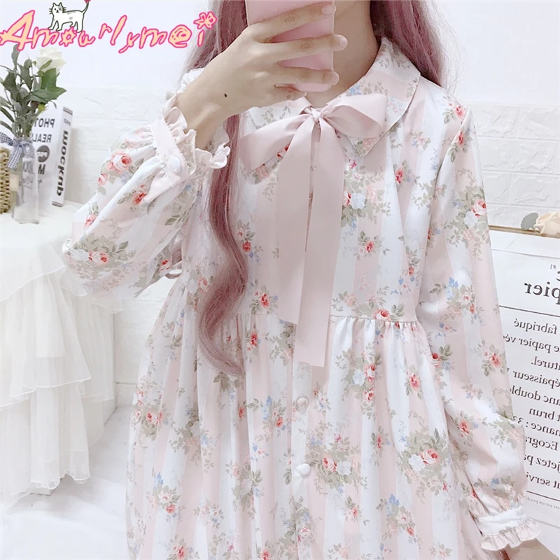 Женское платье с длинным рукавом милое розовое в японском стиле бантом и