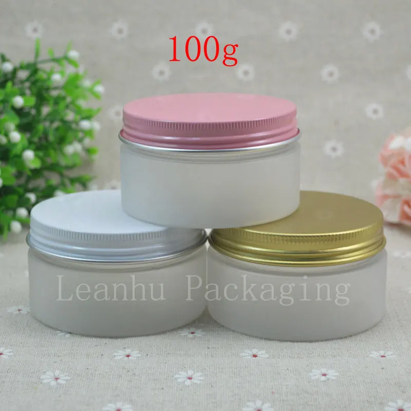 50 x 100g frosting white PET cream jars , round plastic container with pink / gold / white aluminum screw cap , cosmetic bottle