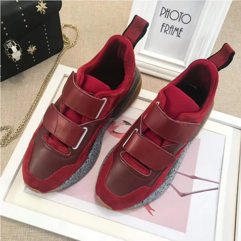 Buono Scarpe/женские кроссовки с радужной шнуровкой; фирменный дизайн; женская обувь на толстой подошве; спортивные кроссовки на танкетке из натуральной кожи - Цвет: wine red