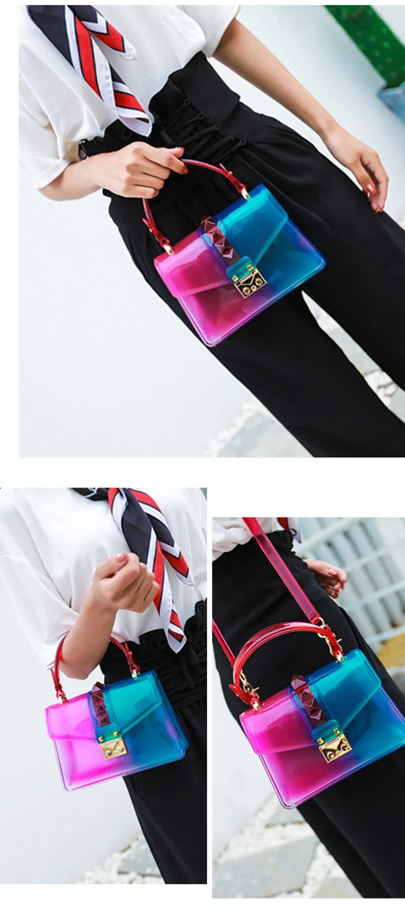 Transparent Satchel Handbag Gradients Color Clear Jelly Transparent PVC Rivets Candy Color Tote Bags Crossbody Messenger Bag