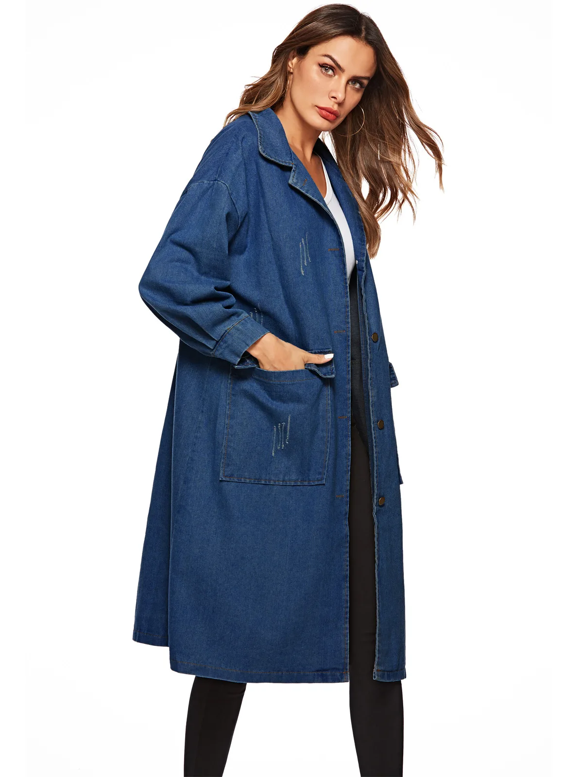 Женское джинсовое пальто с отложным воротником однобортное длинным рукавом и