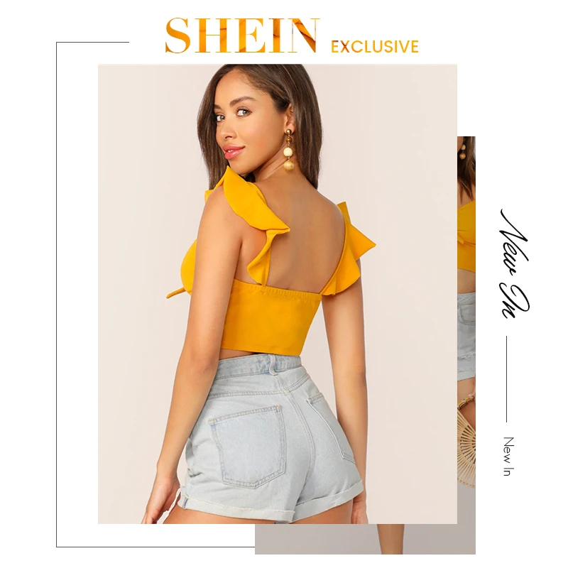SHEIN белый сексуальный топ с завязками спереди и рюшами, облегающий Простой Топ на бретельках, летние женские топы на бретельках, повседневная майка