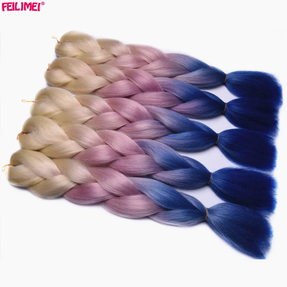 

Feilimei Blonde Purple Blue Jumbo Braiding Hair Extension Synthetic 24"(60cm) 100g/pc Three Toned Ombre Crochet Braids Hair Bulk