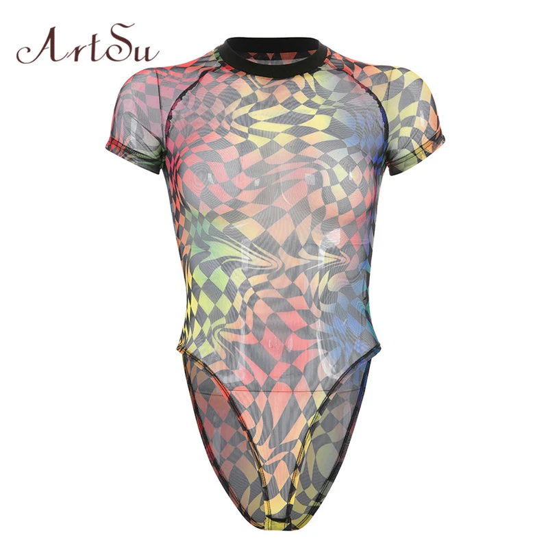 ArtSu Women Sexy Bodysuit Streetwear Colorful Plaid See-Through Chiffon Bodycon Female Catsuit Body Romper Bodysuits ASJU41091 | Женская