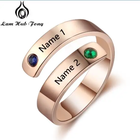 Rose Gold Color Персонализированное кольцо с камнем по месяцу рождения, выгравированное 2 имени, пользовательское кольцо с обещанием, юбилейное ювелирное изделие, подарок для женщин и пар(Lam Hub Fong - Цвет основного камня: Rose Gold Color