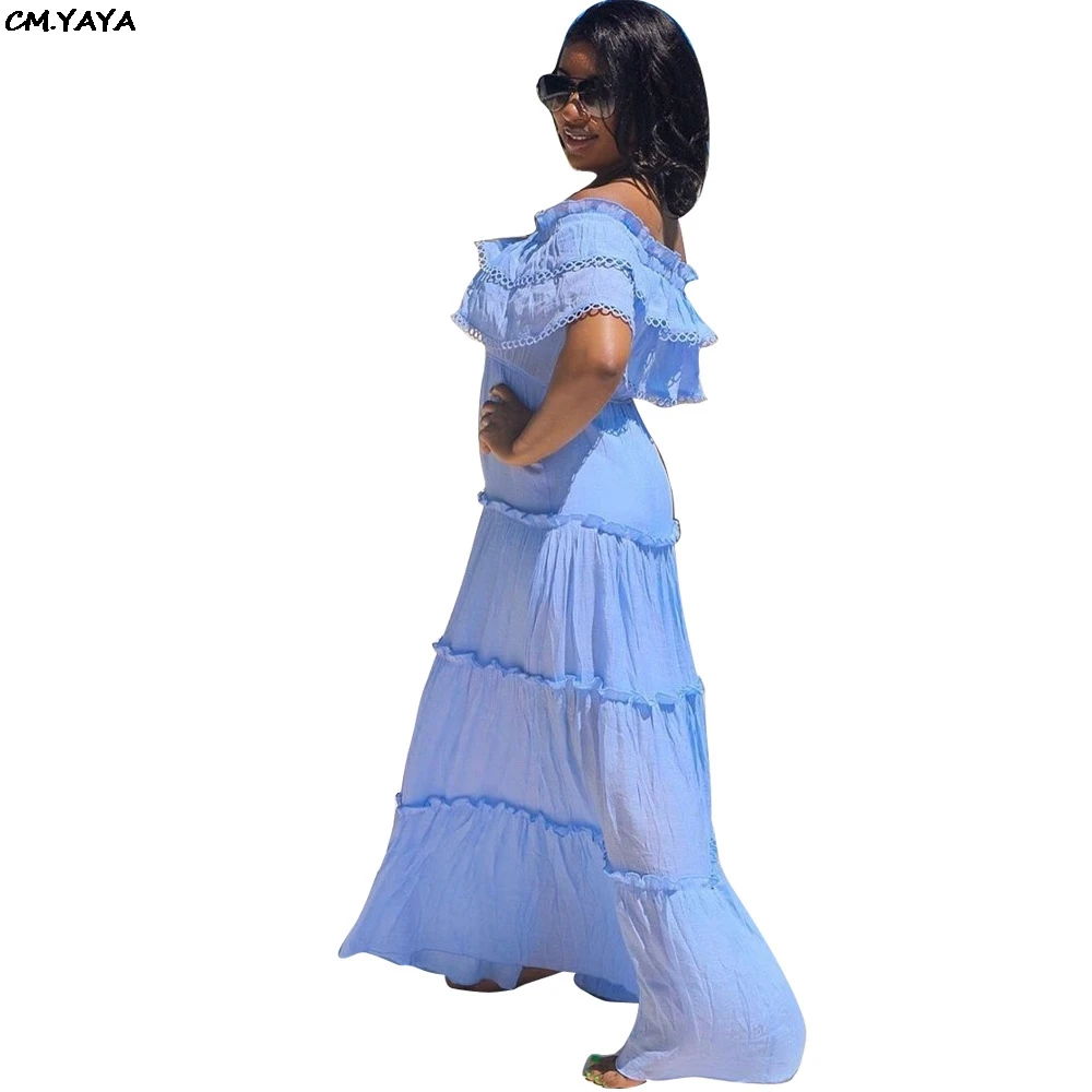 Женское длинное платье-макси с открытыми плечами и каскадными оборками богемное