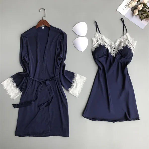 

Spring Summer 2019 New Lingerie Femme Sexy Women Nightwear Robe Deep V Bathrobe And Nightgown Set 2 Pieces Sleepwear Fdfklak