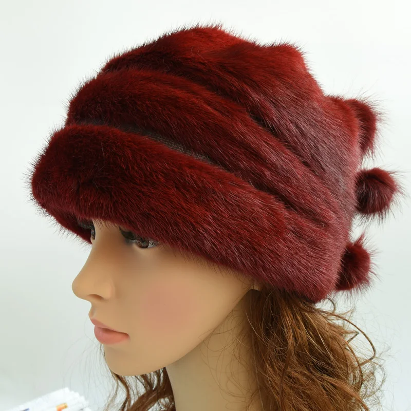Натуральный мех норки шляпа для женские зимние цельно меховая шапка с цветком