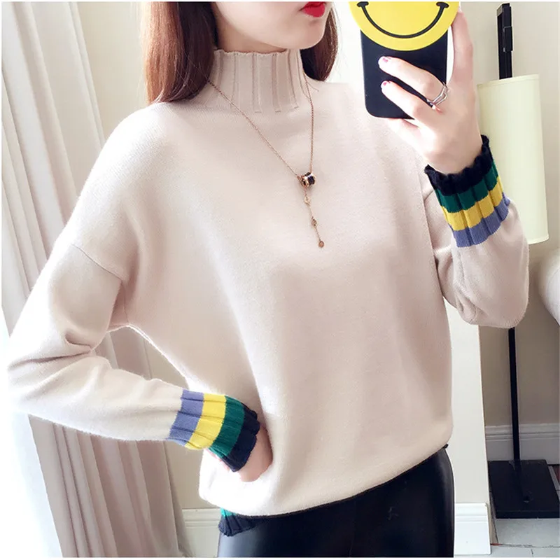 Женский свободный свитер с высоким воротником и длинными рукавами трикотажный