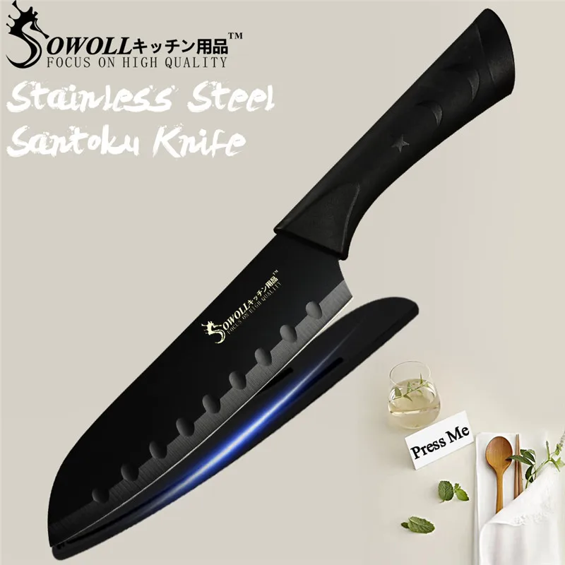 E.7 inch Santoku Sowoll Превосходное качество 7Cr17 набор кухонных ножей из нержавеющей стали ножницы Держатель ножей японские кухонные ножи инструменты 8 шт. набор - Цвет: E.7 inch Santoku