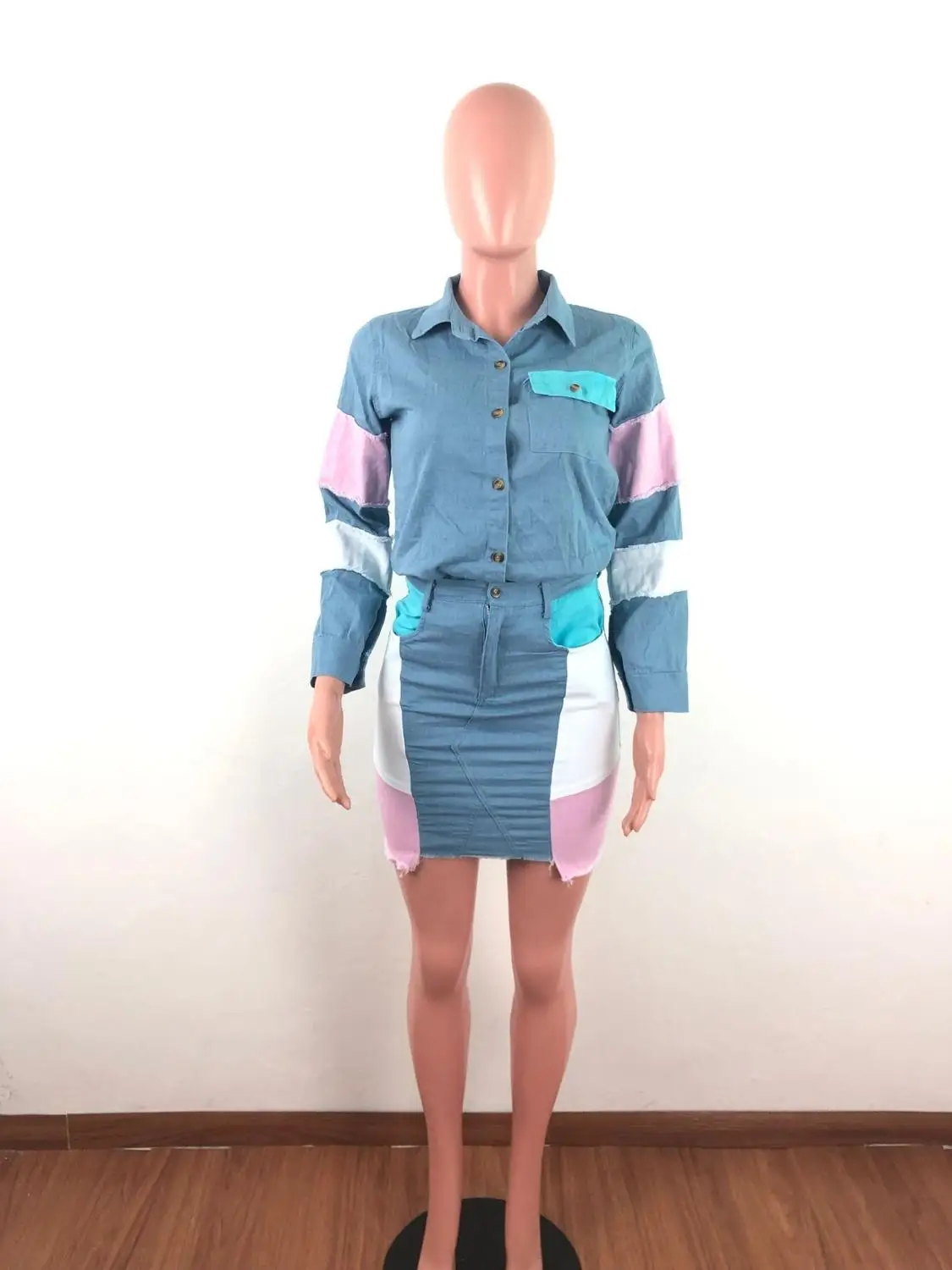 

New Arrival Sexy Color Patchwork Long Sleeve Front Button Denim Coat With Mini Skirt Women Denim Dresses Suits