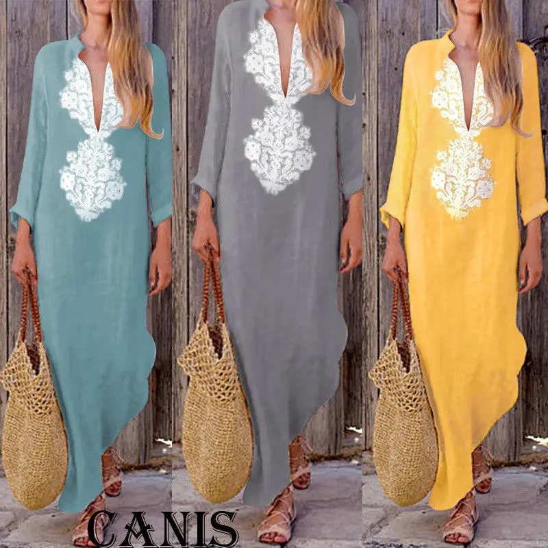 Женское длинное платье с V образным вырезом длинным рукавом и цветочным