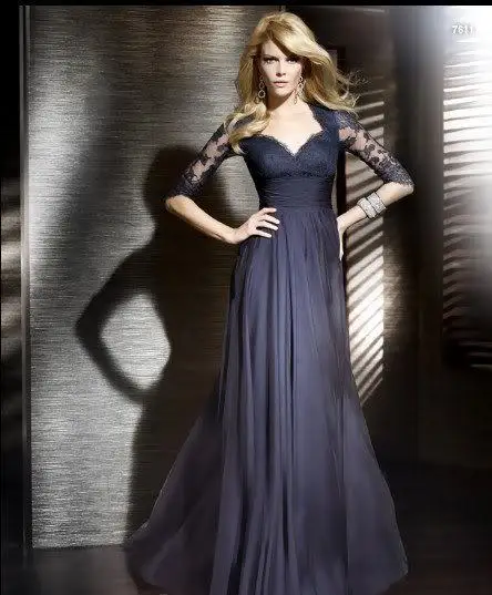 

chiffon and lace evening party dress with sleeves