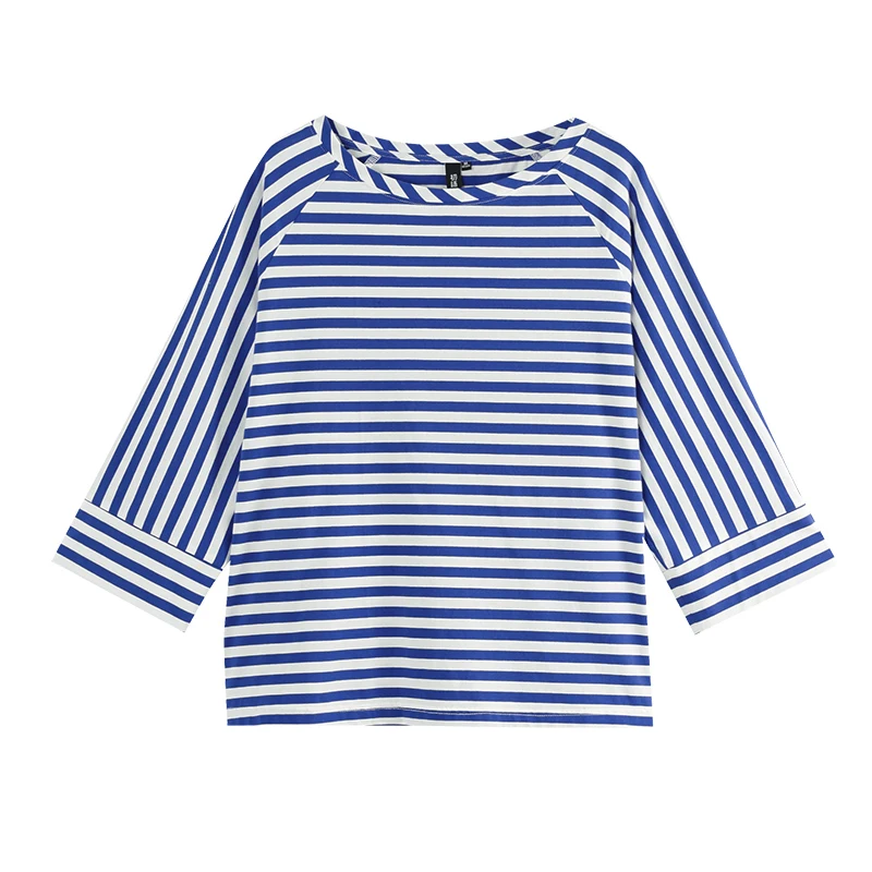 Blue Toyouth женские футболки женская футболка с открытым разрезом в полоску Свободные базовые повседневные футболки с длинным рукавом и круглым вырезом топы - Цвет: Blue