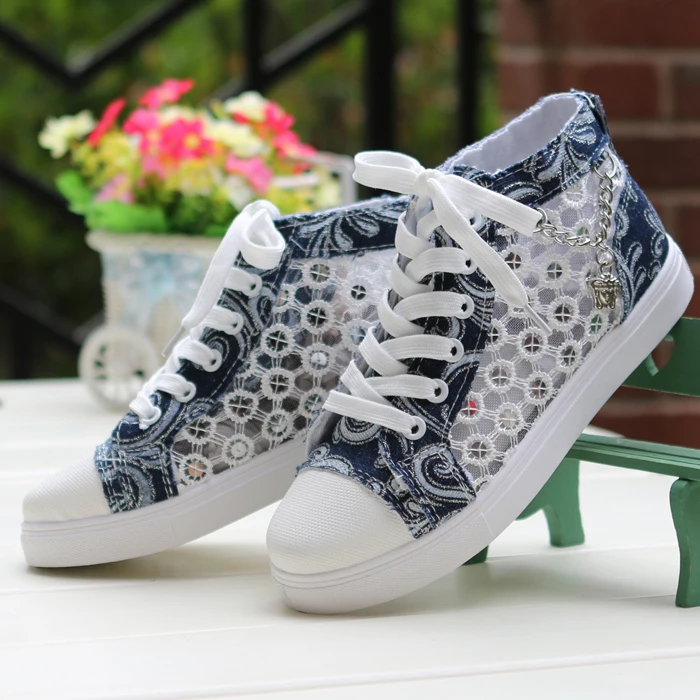 Кроссовки женские из денима на шнуровке сетчатые дышащие с круглым носком