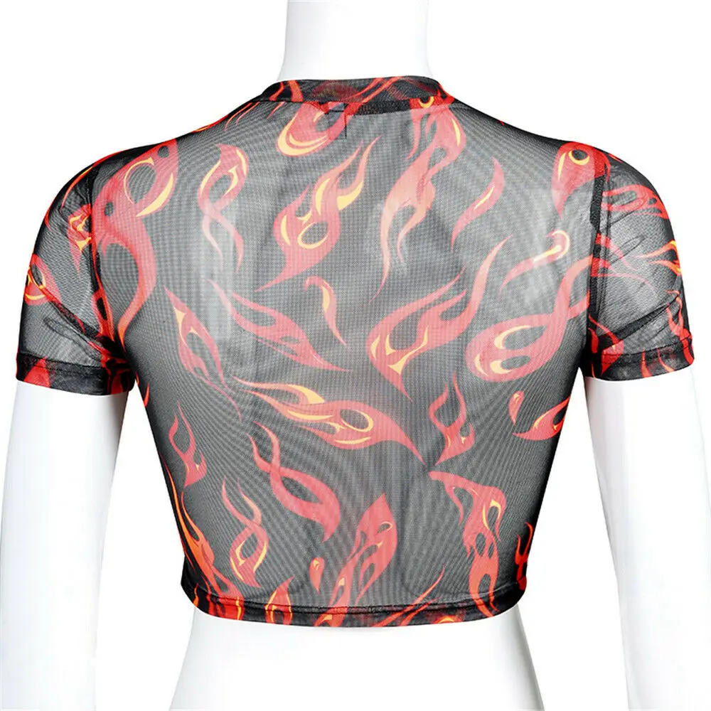 

Hot Women Sexy Blouse Chiffon Short Sleeve O-Neck Ladies Transparent Mesh Flame Print Sheer Crop Top Casual Tops