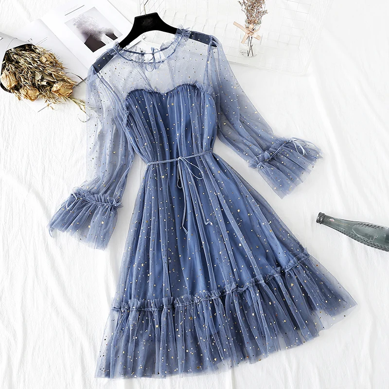 2019 New Women Fashion Dress Stand Collar Mesh See-through Lace Fairy Dresses Femme Vestidos Evening Party Elegant | Женская одежда