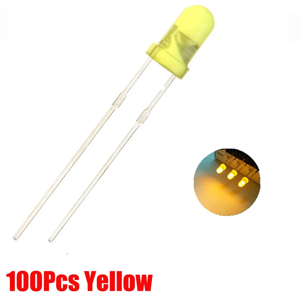 Yellow 100Pcs 100 шт./лот 5 цветов F3 3 мм круглый светодиодный кабельные наконечники в наборе для ультра яркий рассеянный зеленый/желтый/синий/белый/красный светодиод - Цвет: Yellow 100Pcs