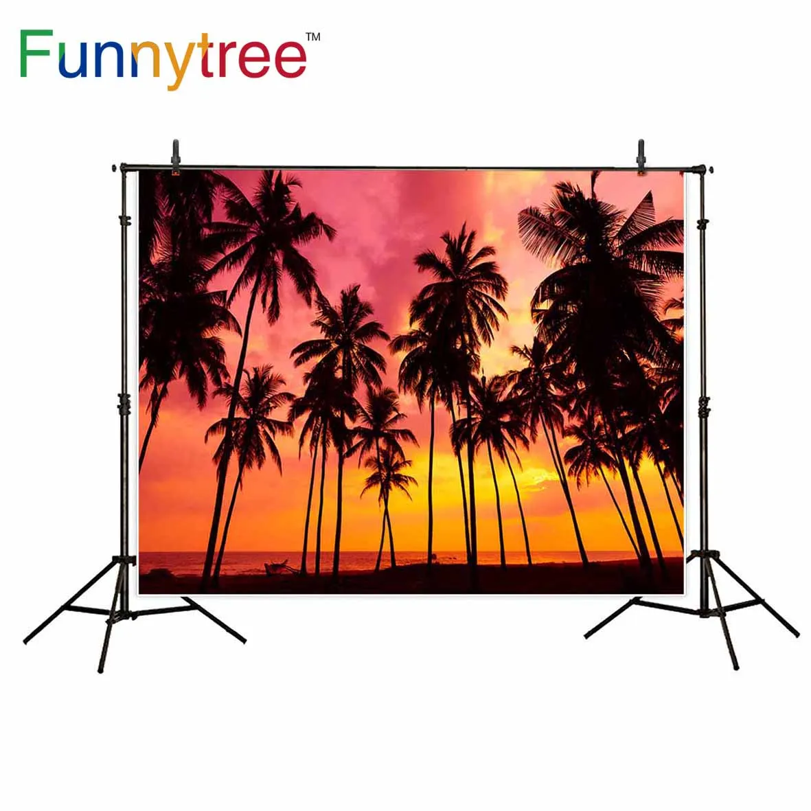 Фотофон Funnytree для фотостудии Сумерки пляж кокосовое дерево море Розовое Небо