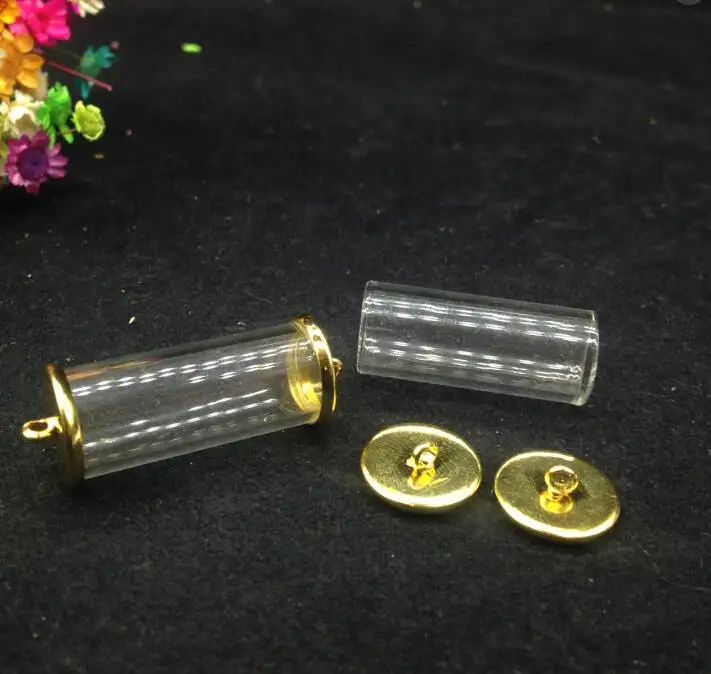 

100sets/lot 28*12mm tube shape glass bottle gold color with double opening glass globe jewelry vial pendant necklace findings