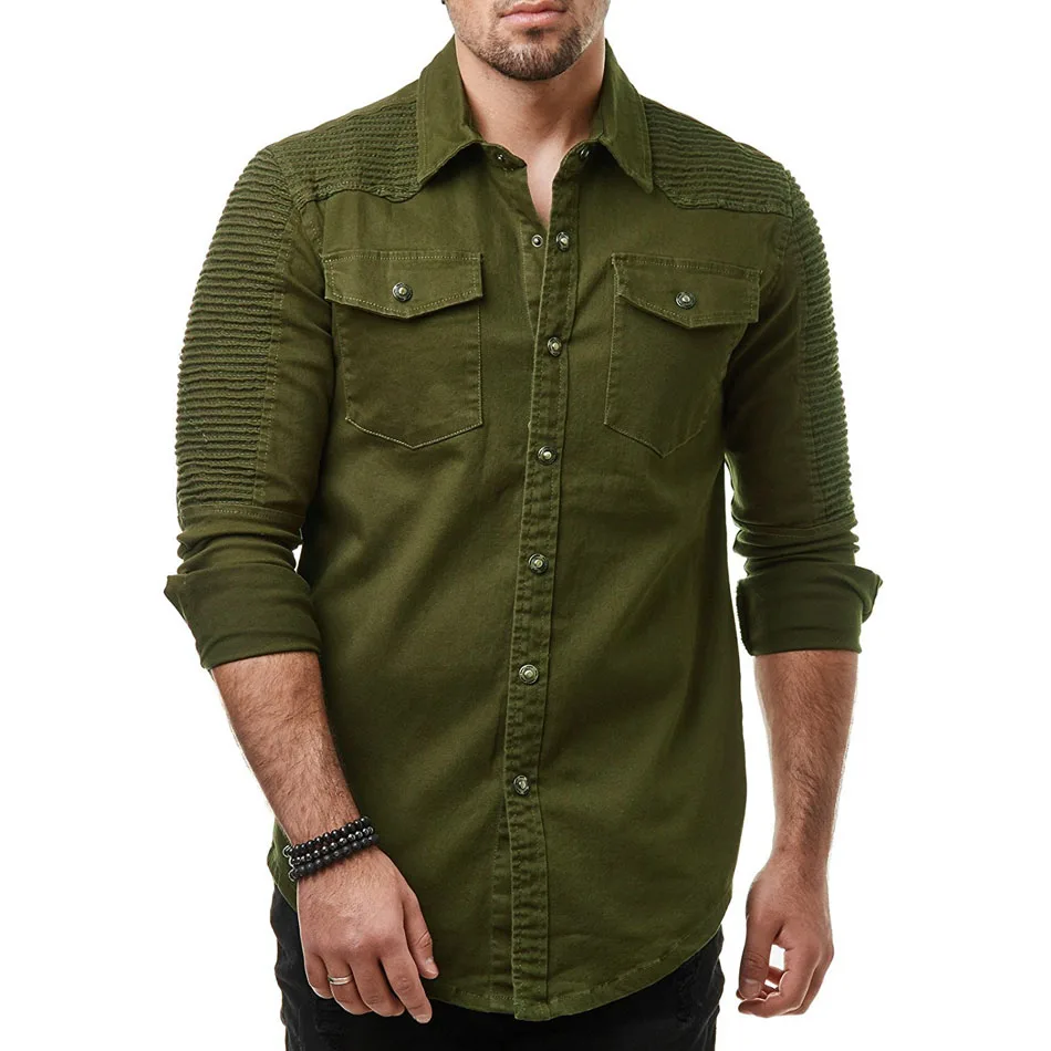Army Green Брендовая Модная Джинсовая рубашка с длинным рукавом, моющаяся ковбойская рубашка с карманом, мужская приталенная рубашка - Цвет: Army Green