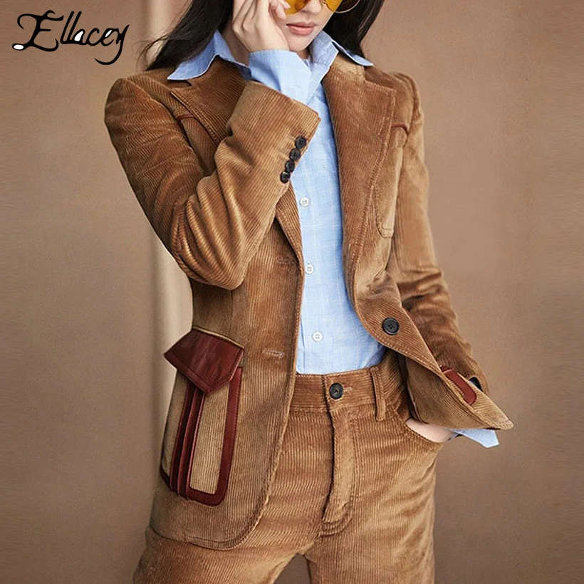Ellacey, кофейный вельветовый костюм для женщин, женские деловые брючные костюмы, стильный Блейзер, униформа для женщин, формальный модный комплект из 2 предметов