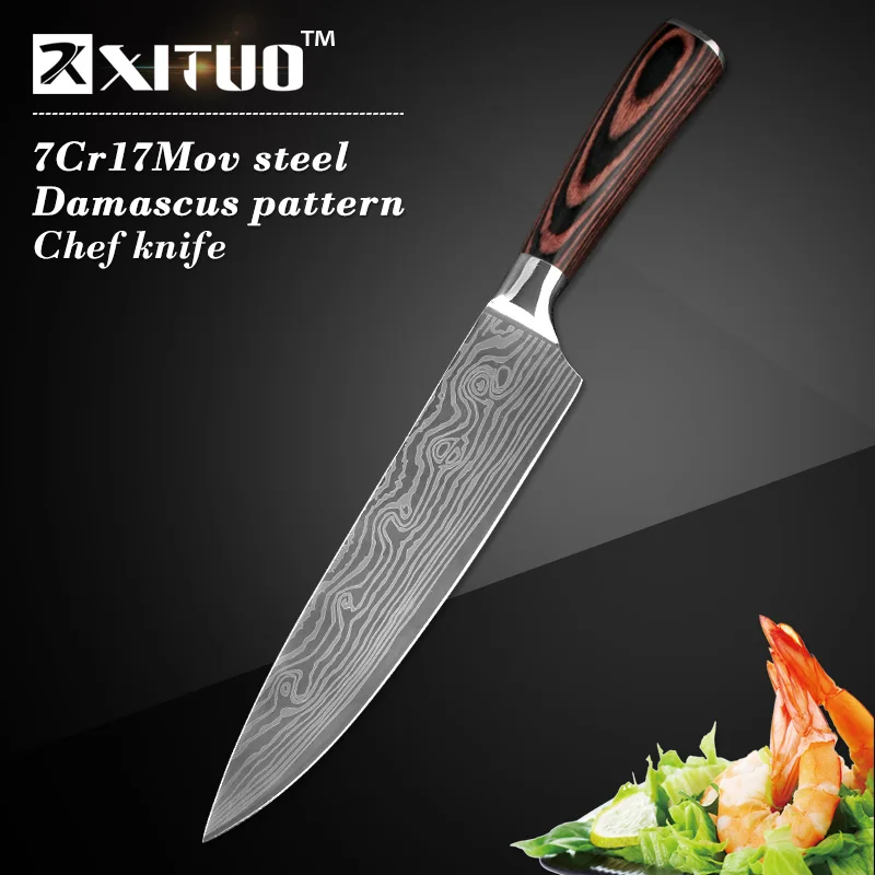 XITUO Новые Красивые вены кухонные ножи для очистки овощей утилита Santoku нарезки шеф-повара Дамасские вены цветной деревянной ручкой нож из нержавеющей стали