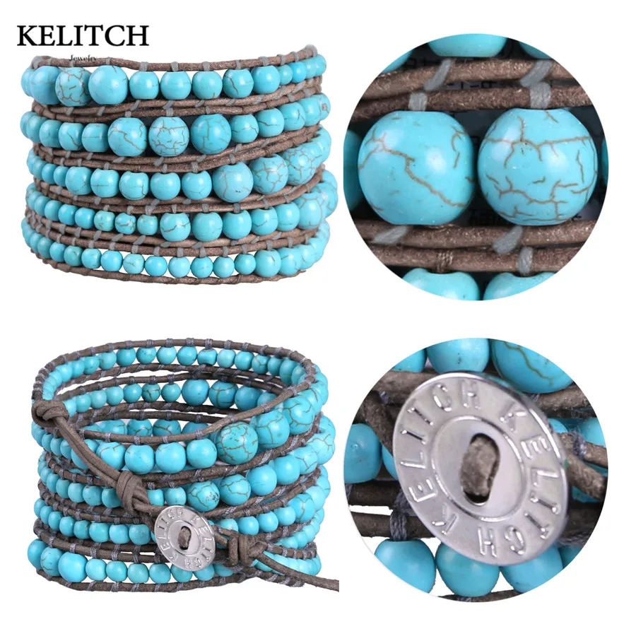KELITCH новые летние пляжные кожаные браслеты Bijoux большая нить с каменными бусинами