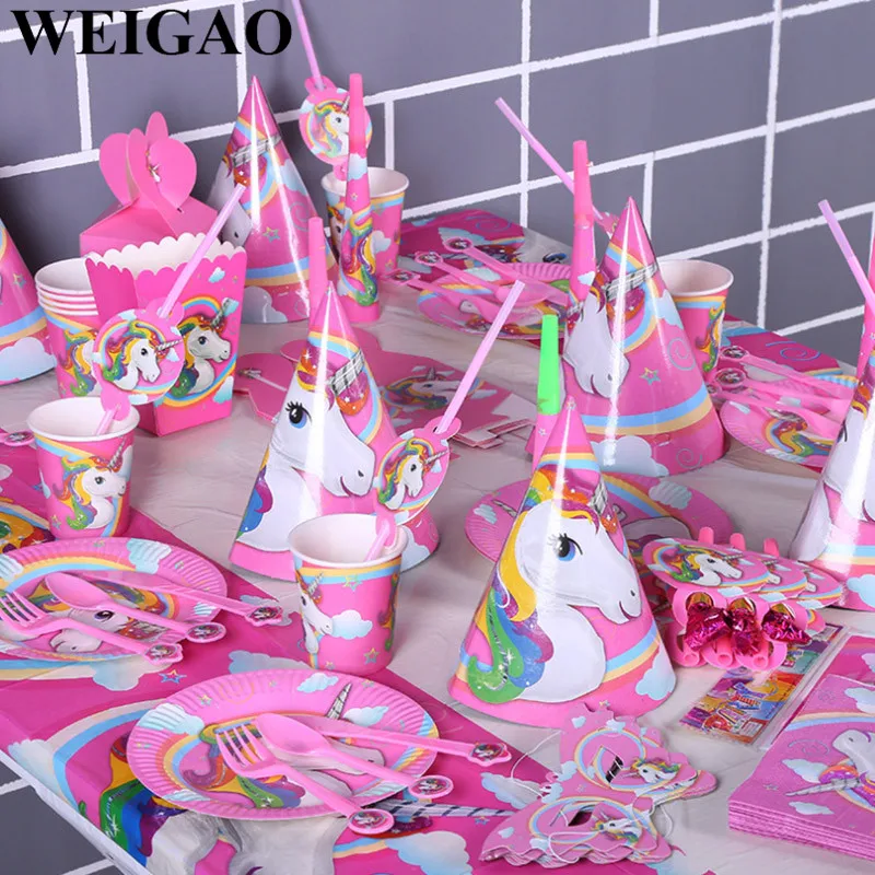 WEIGAO одноразовые наборы посуды для вечеринки в честь Дня Рождения, розовые/белые вечерние комплекты с единорогом, набор для детского душа в виде единорога на день рождения