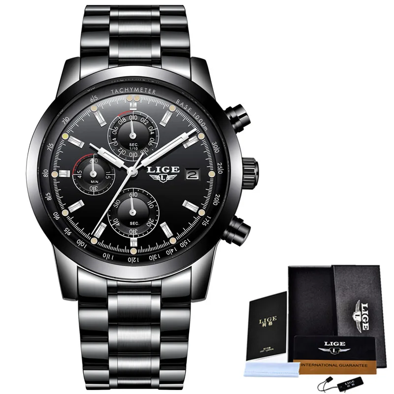 all black Relojes Hombre LIGE Бизнес Кварцевые часы для мужчин нержавеющая сталь водонепроницаемые автоматические часы с датой Модные Военные мужские часы - Цвет: all black