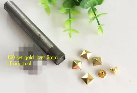 Gold 1 Набор квадратных заклепок набор инструментов+ 100 набор 8 заклепки в форме пирамиды заклепки Гвоздика шип квадратная кожа ручной работы Рок Панк - Цвет: Gold
